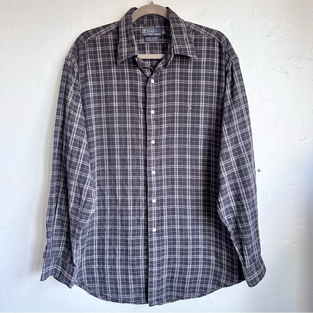 Polo Ralph Lauren Men VTG Lowell Sport Cotton Gray Plaid Button Front Shirt LG